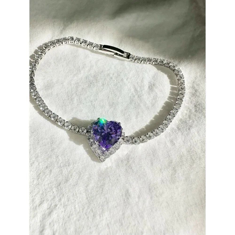 Super sparkly purple heart shaped cubic zirconia tennis bracelet 